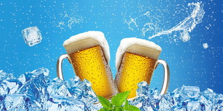 蓝色背景啤酒素材冰块素材泼水素材蓝色展板夏天啤酒